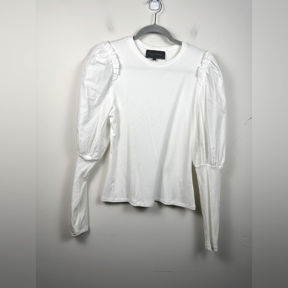 Sunday in Brooklyn Blouse Women Medium White Excellent Puff Sleeve Ribbed Blouse